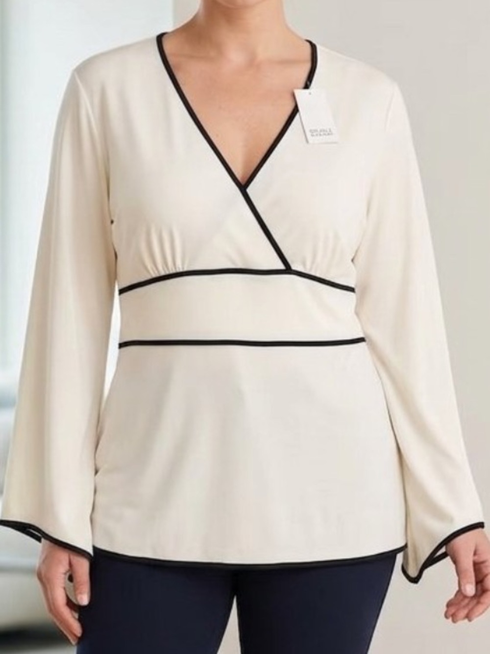 New York company stretch cross cross neckline cream top with black trim …